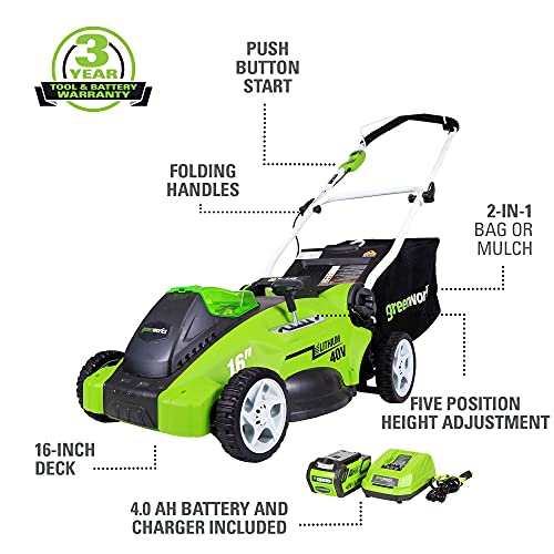 Greenworks 40V 16" Cordless Electric Lawn Mower, 4.0Ah Battery and Charger Included - Image 10